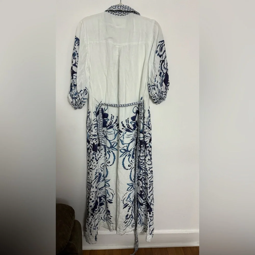Anthropologie The Irene Linen Shirt Dress Button Front Belted Floral Blue - Picture 5 of 10